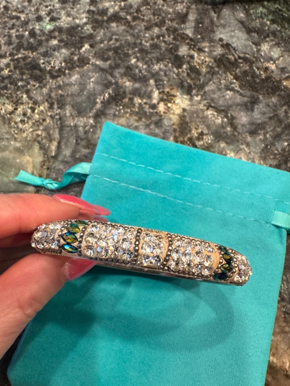 Crystal Pavé Gold-Tone Hinged Bangle with Blue-Green Accents